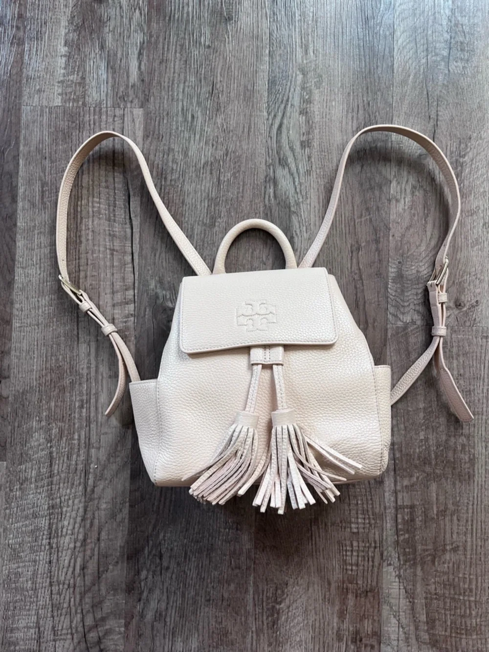 Tory Burch Thea Backpack Mini Pale Pink Pebbled Leather Tassel